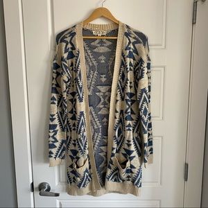 Pink Rose Long Open Aztec Print Blue and Cream Cardigan Small S